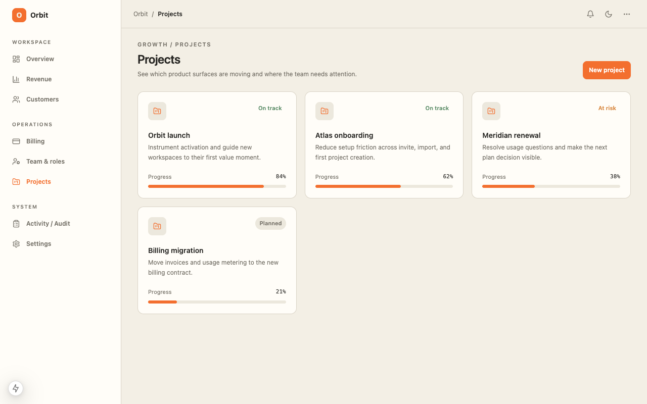 SaaS Dashboard Projects / Workspaces route screenshot